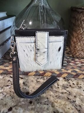 Genuine leather and real Cowhide Wristlet Card Holder - Black and White